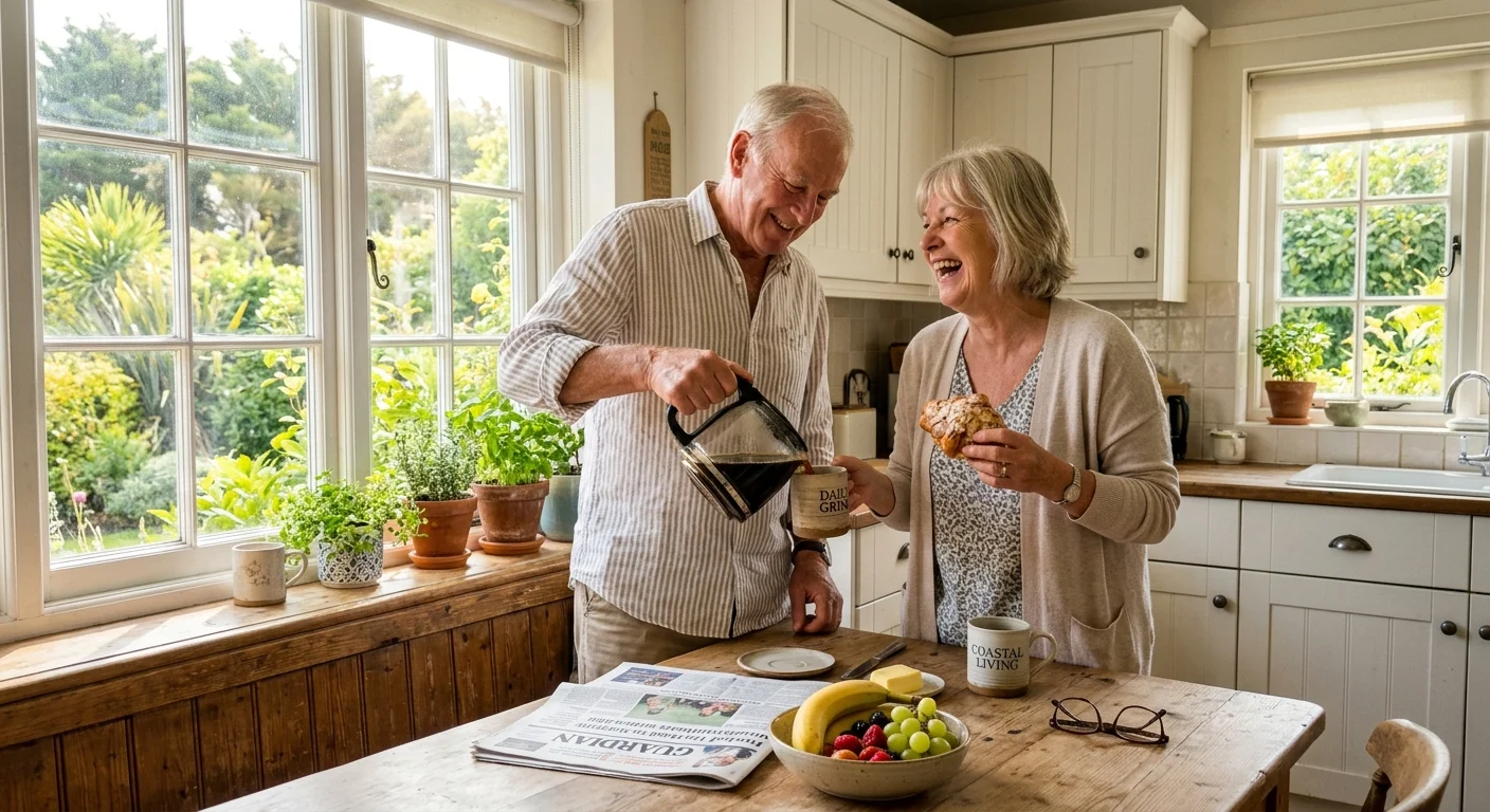 A candid photo of an older couple enjoying a sunny morning together in a warm, comfortable home kitchen.