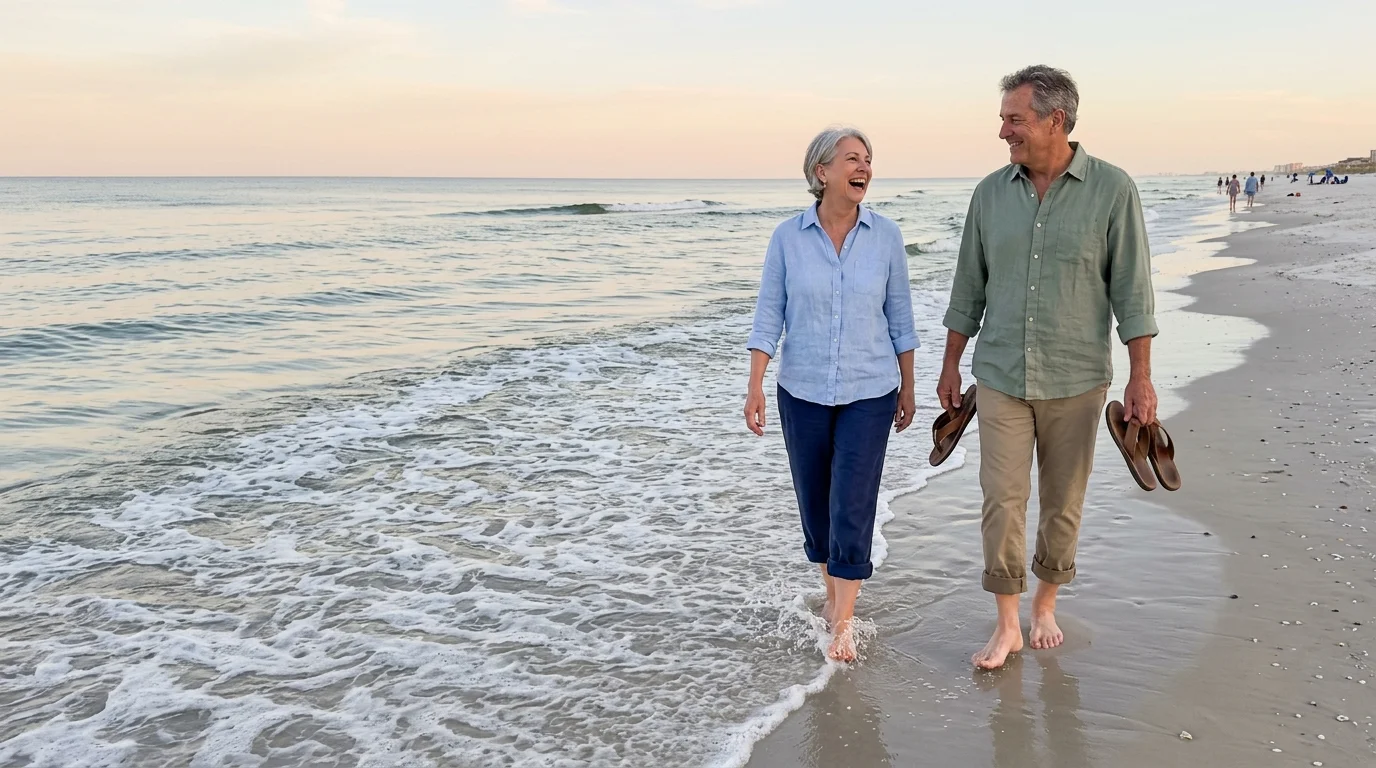 A candid snapshot of an older couple walking along the Alabama shoreline at sunrise, their feet in the surf.