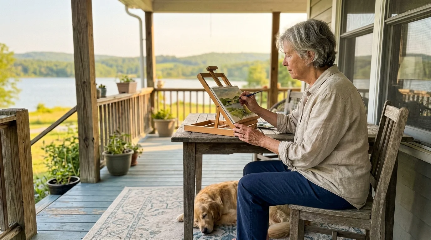A candid snapshot of an older woman painting watercolors on her sunny porch with a dog sleeping nearby.