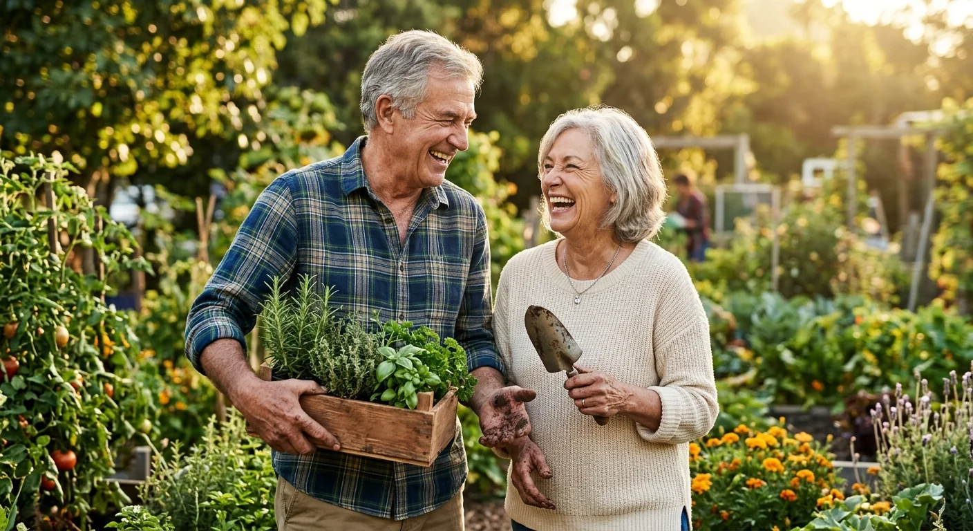 A candid, warm photo of a senior couple laughing while gardening together in a sun-drenched backyard.