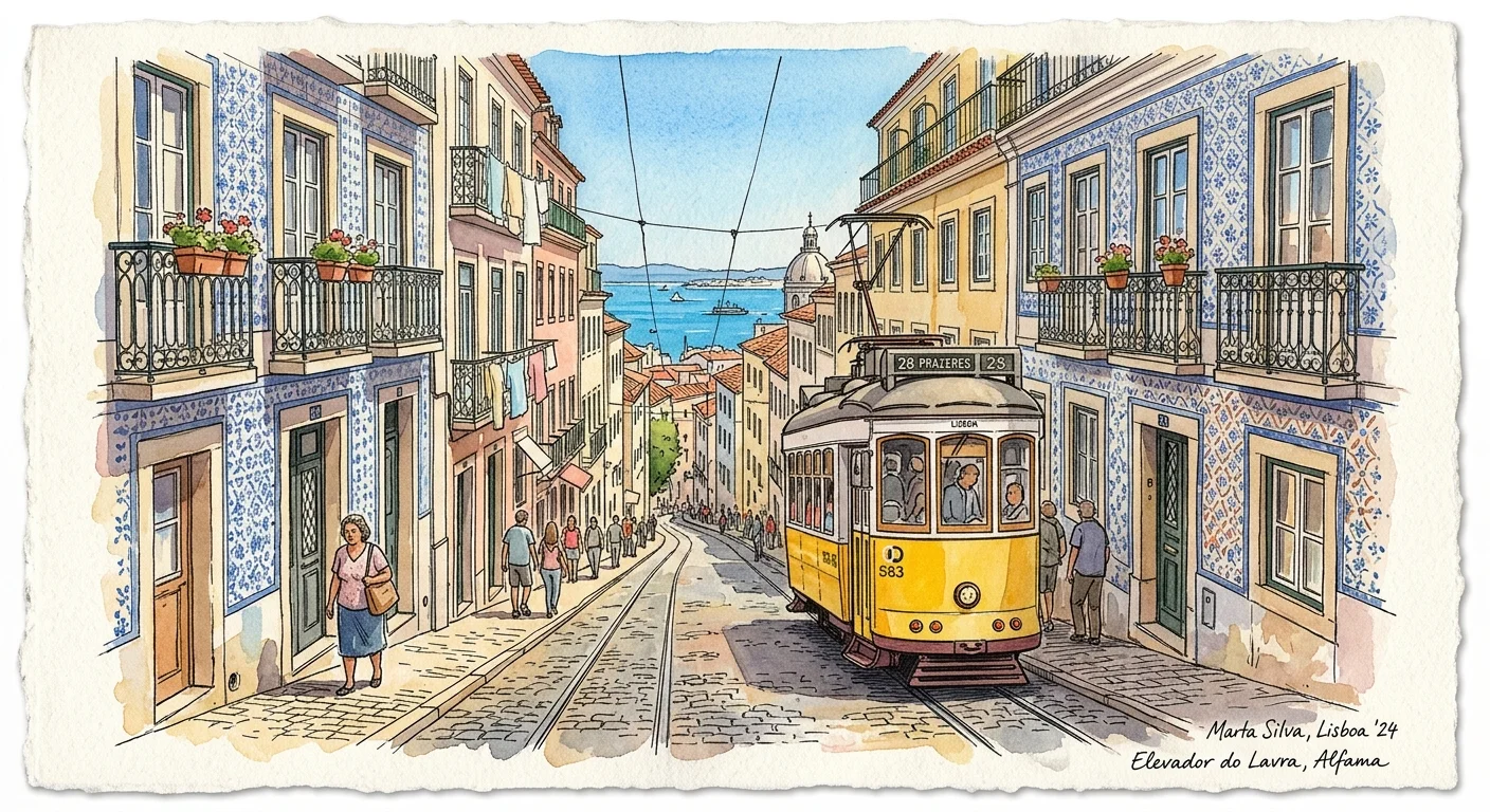 A charming watercolor and ink sketch of Lisbon's iconic yellow tram climbing a cobblestone street with blue tiled facades.