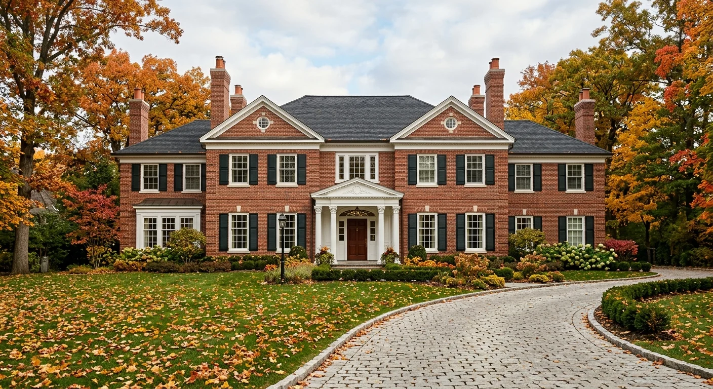 A classic red-brick colonial revival mansion in Winnetka, Illinois, surrounded by colorful autumn foliage.