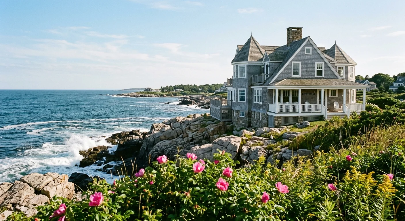 A classic weathered-shingle cottage on the rocky cliffs of Cape Elizabeth, Maine, overlooking the deep blue ocean.