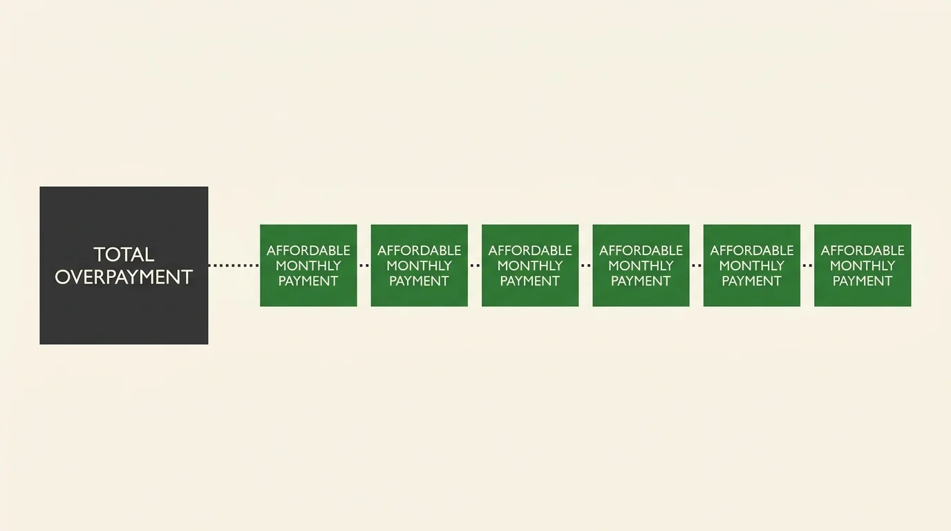 A clean diagram showing a large total overpayment balance broken down into smaller, manageable monthly payment blocks.