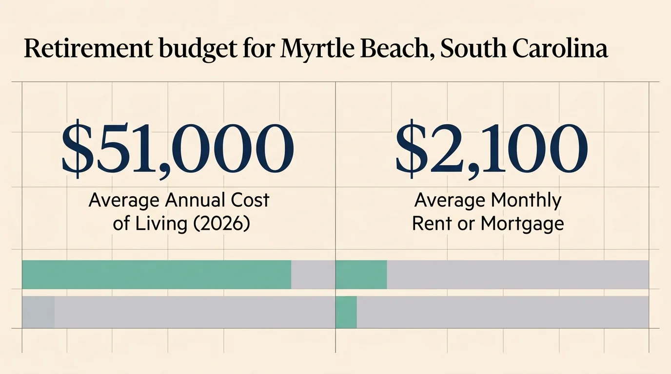 A clean, editorial financial infographic showing Myrtle Beach's $51,000 annual cost of living and $2,100 monthly housing expense.
