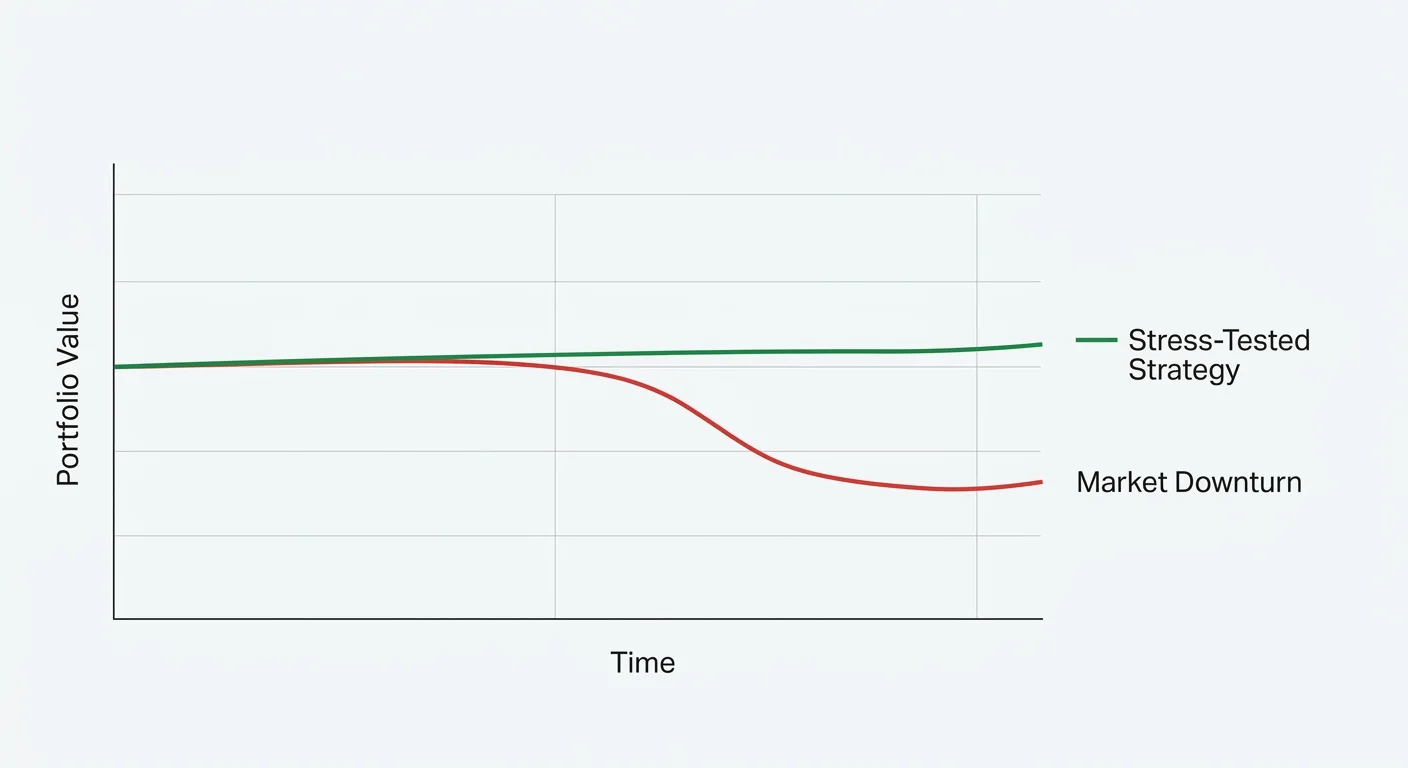 A clean financial diagram showing a stress-tested withdrawal strategy remaining stable during a market downturn.