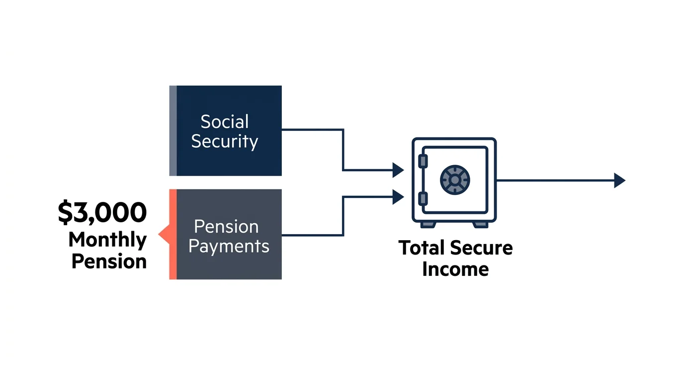 A clean financial diagram showing how a monthly pension of $3,000 flows alongside Social Security into a secure retirement income pool.