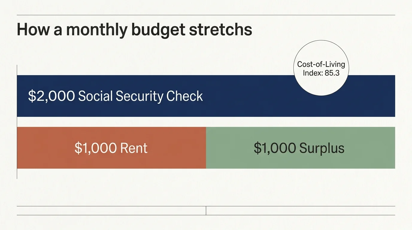 A clean, horizontal budget infographic comparing a $2,000 Social Security payment to Mississippi's average $1,000 rent.