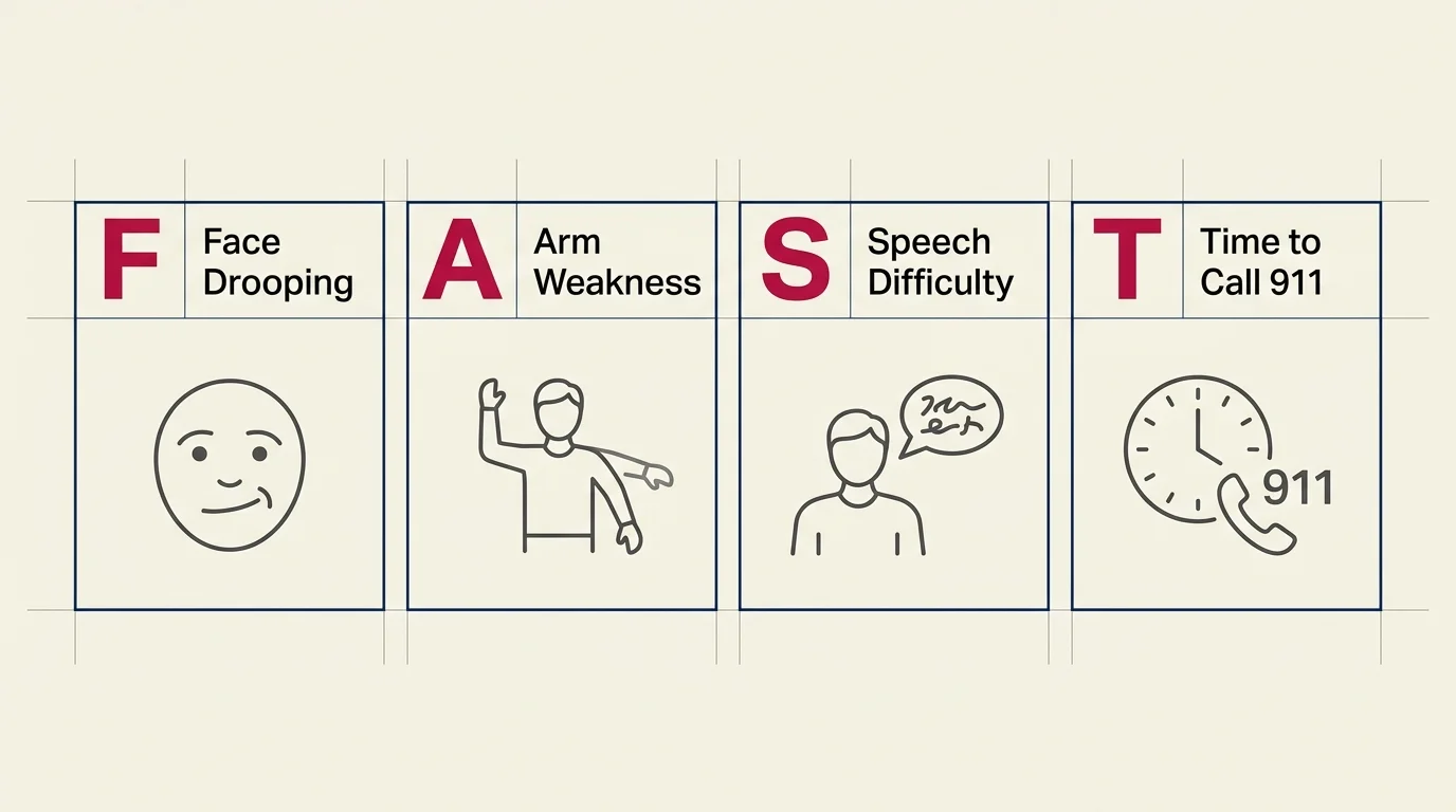 A clean, horizontal diagram showing the F.A.S.T. emergency protocol checklist.