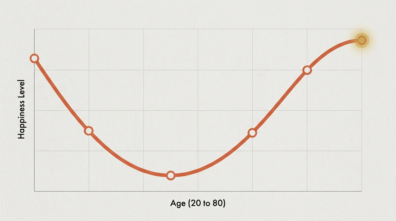 A clean line graph showing the global U-curve of happiness, peaking high in the seventies.