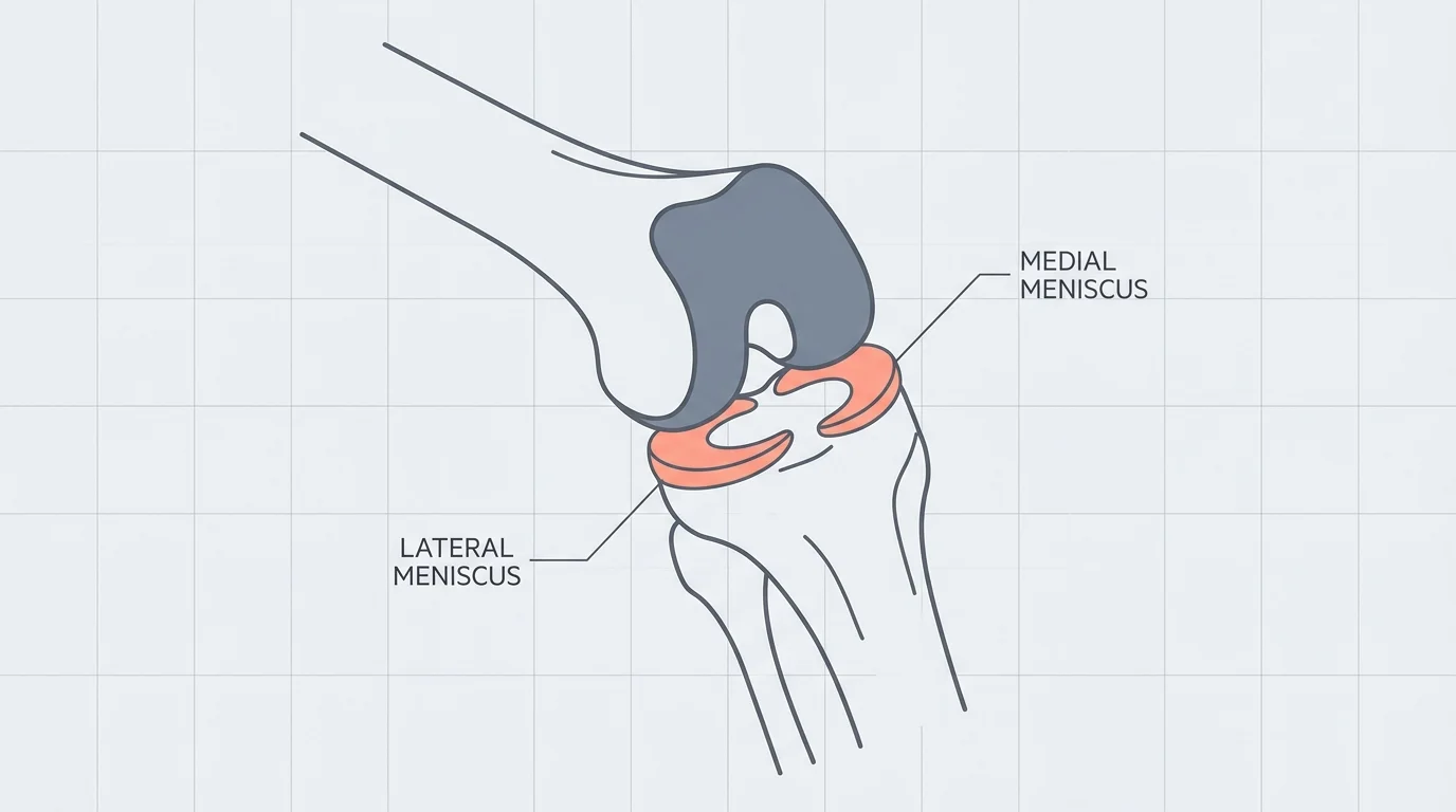 A clean, minimalist anatomical diagram of a knee joint highlighting the medial and lateral meniscus.