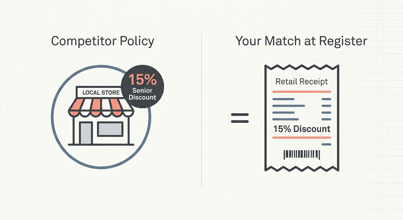 A clean visual diagram comparing a competitor's 15% discount policy to a matched discount applied on a store receipt.