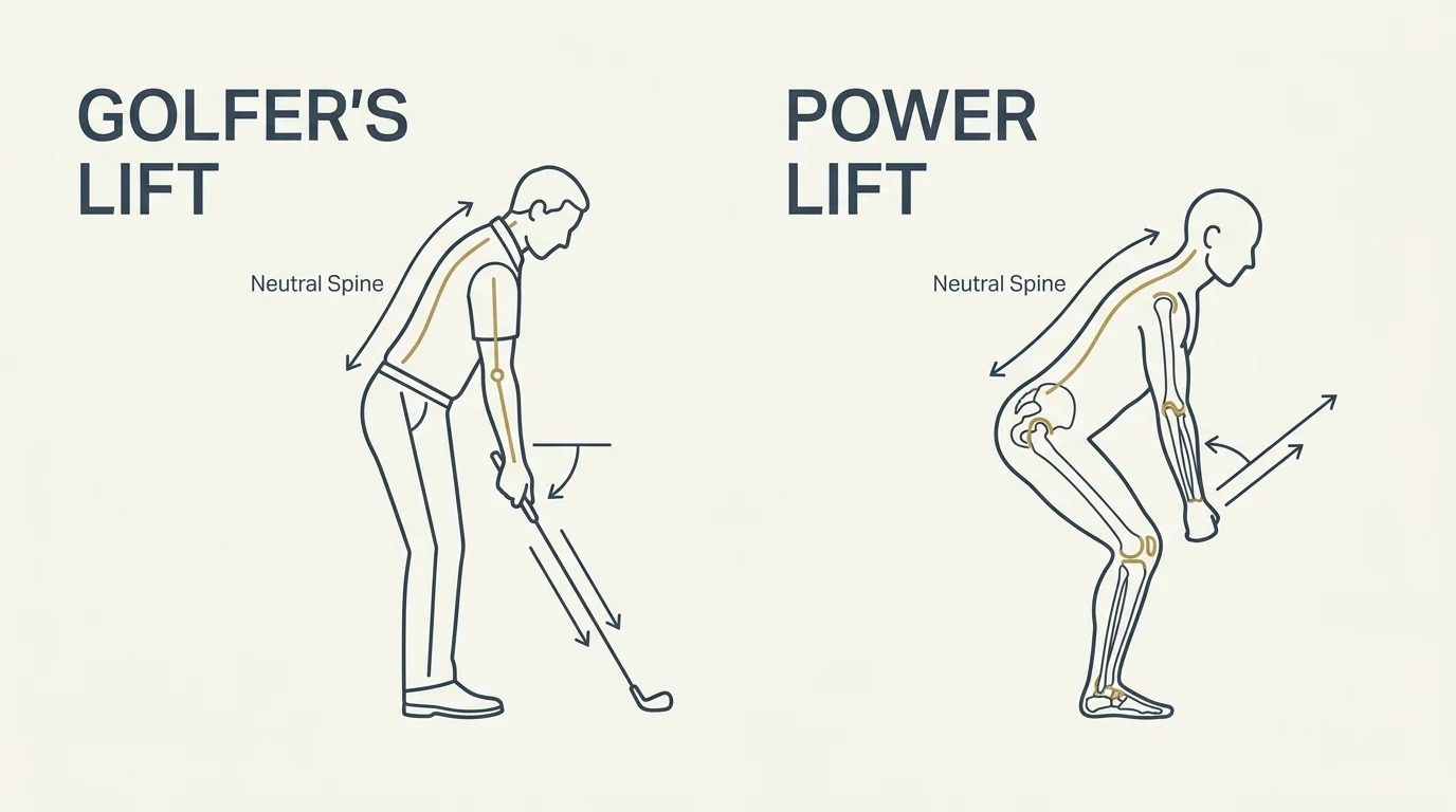 A clear, minimalist diagram illustrating the correct posture for the Golfer's Lift and Power Lift techniques.