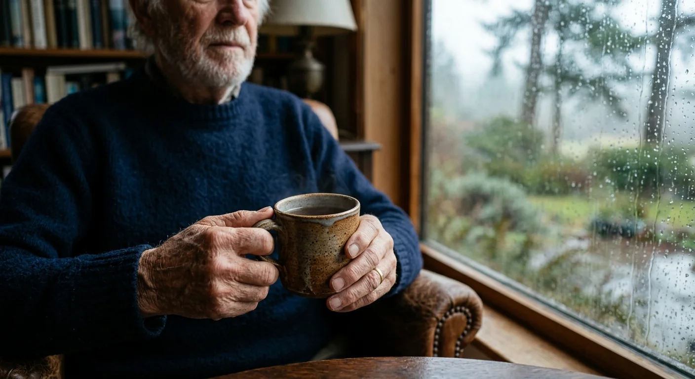 A close-up of a senior man's hands holding a warm mug by a rainy window, symbolizing calm and patience during market storms.