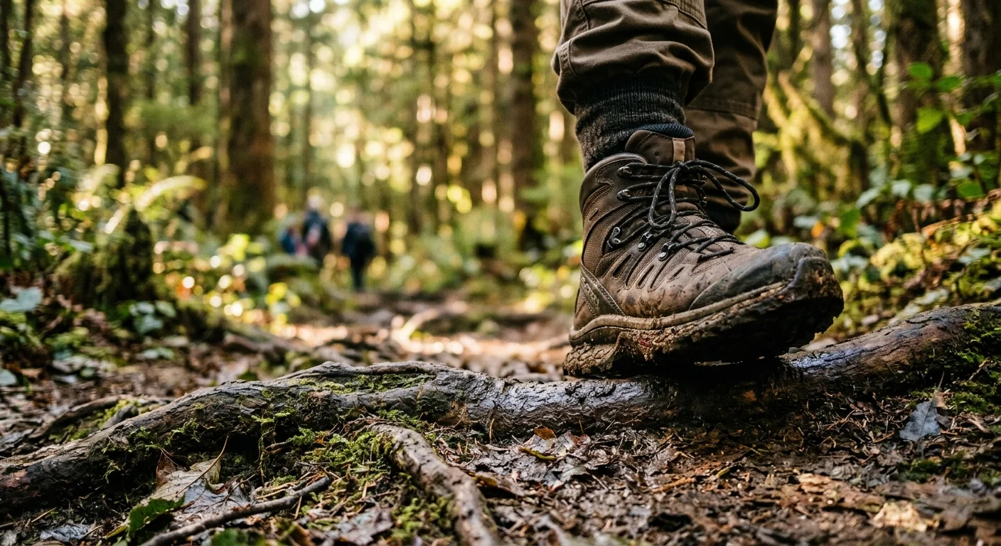 A close-up of a sturdy hiking boot stepping securely onto a dirt forest trail with exposed roots.