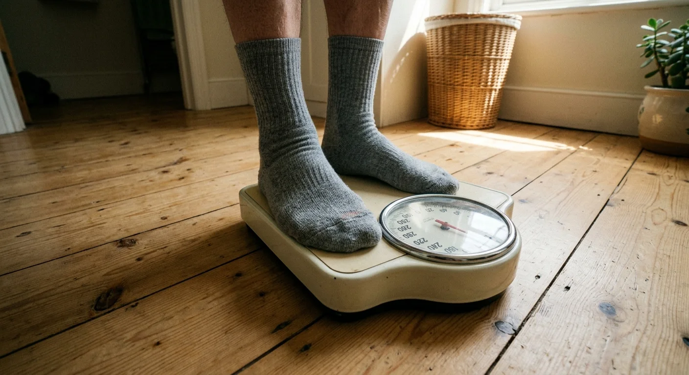 A close-up photo of a senior's feet in soft grey socks stepping onto a vintage analog bathroom scale on wood floors.