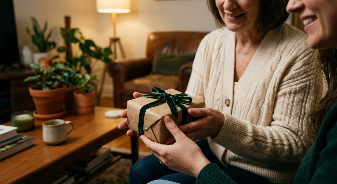 A close-up photograph of a mother's hands receiving a beautifully wrapped gift with a green velvet ribbon from her daughter.