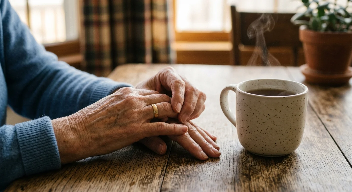 A close-up photograph of a senior woman's weathered hands on a kitchen table, gently testing a tight gold ring.