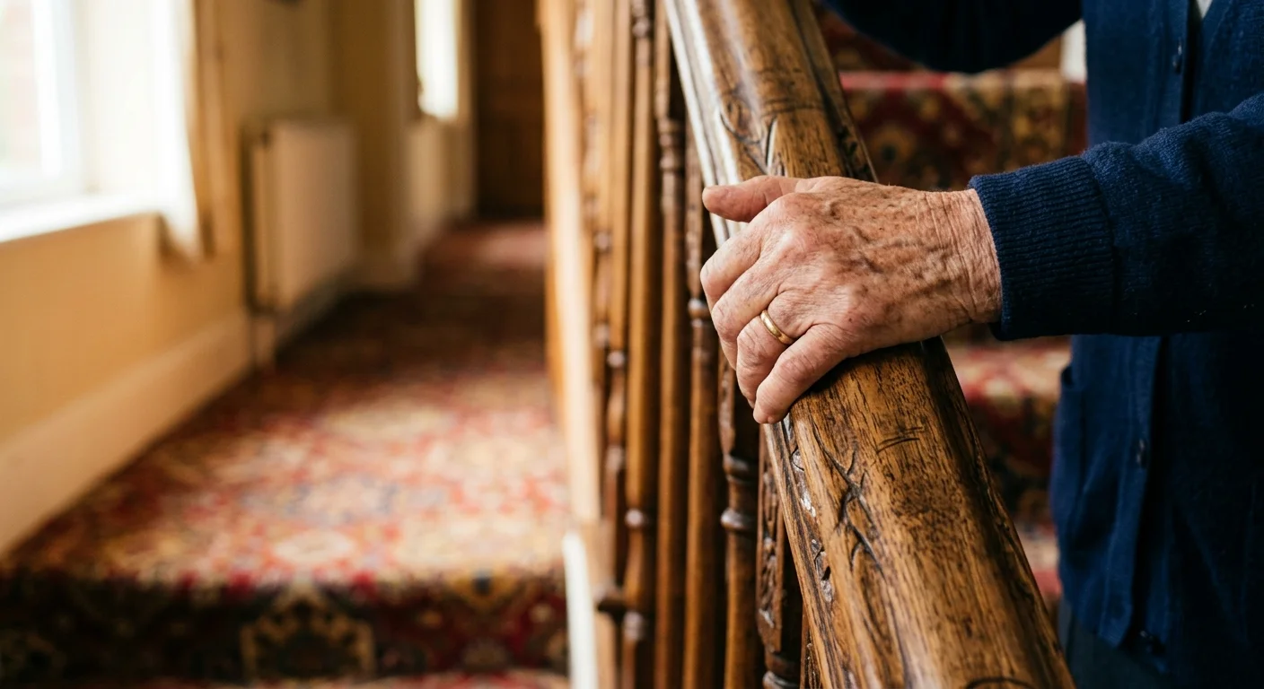 A close-up photograph of an older adult's hand firmly holding a wooden banister for support.