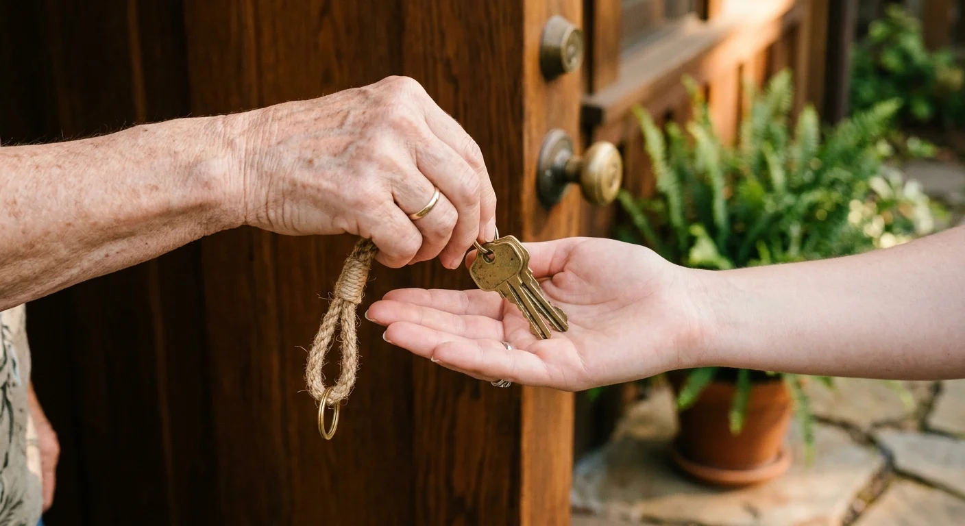 A close-up photograph of an older hand passing a set of brass keys on a jute string to a younger hand at a cottage doorstep.
