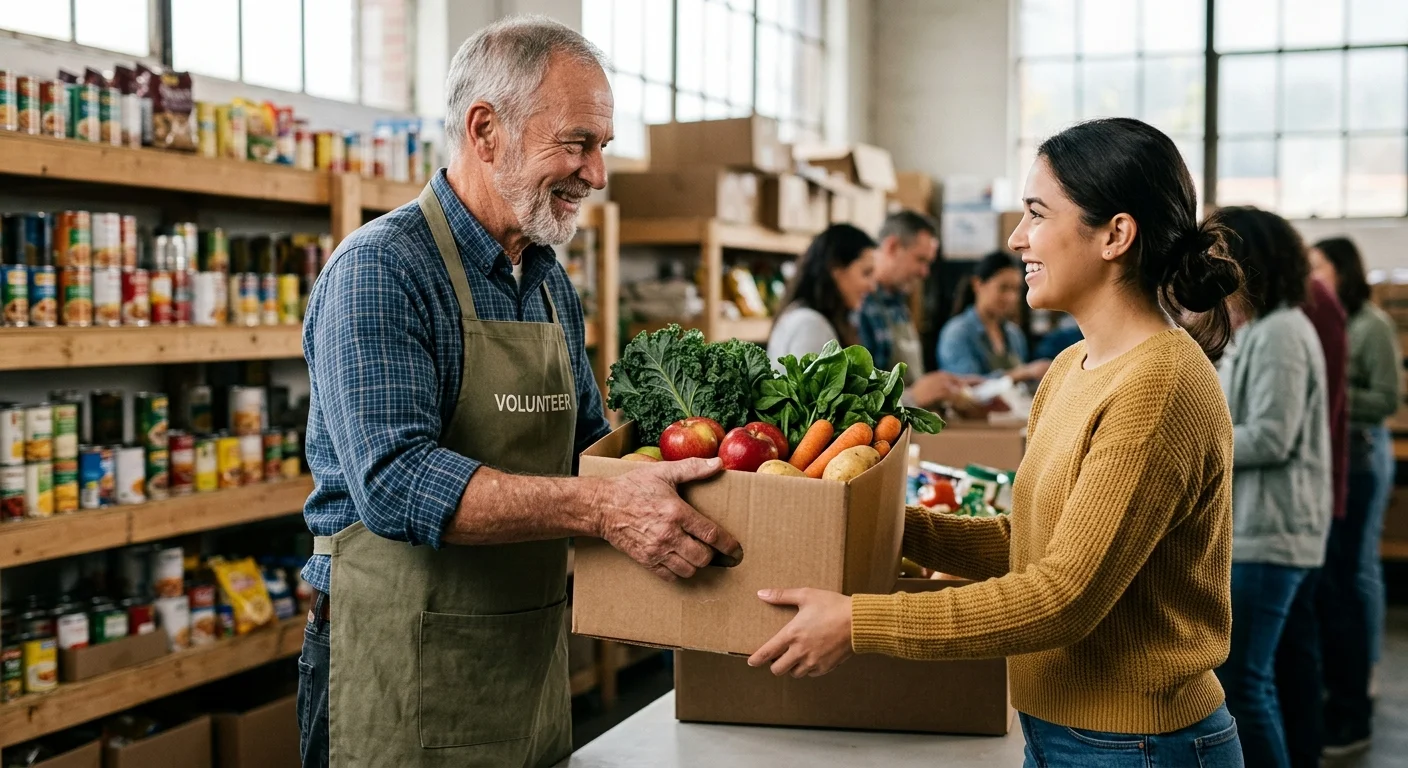 A close-up shot of a senior volunteer handing a box of fresh produce to someone at a community food bank.