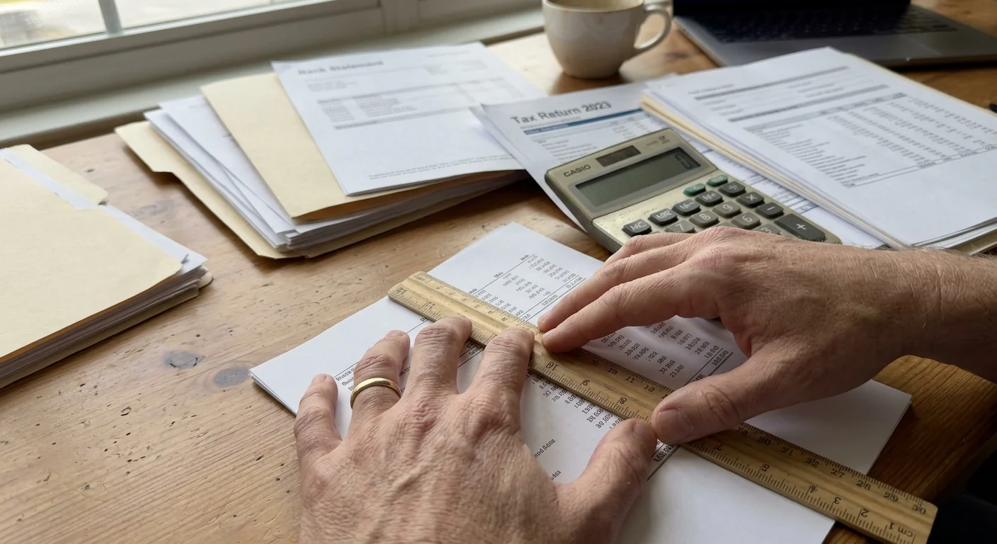 A close-up view of a person using a ruler to verify numbers on an official letter alongside bank statements.