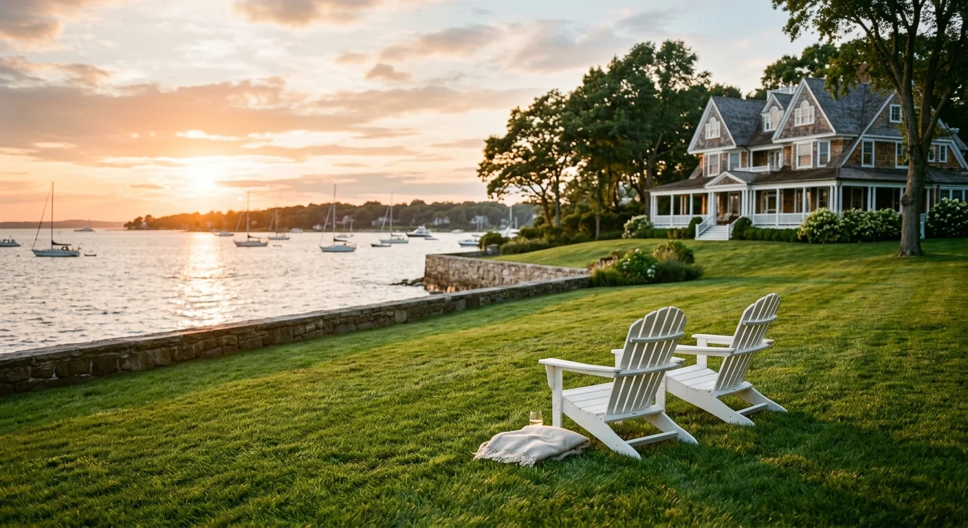 A coastal lawn with Adirondack chairs in Greenwich, Connecticut, looking out over the water toward a historic shingle-style estate.
