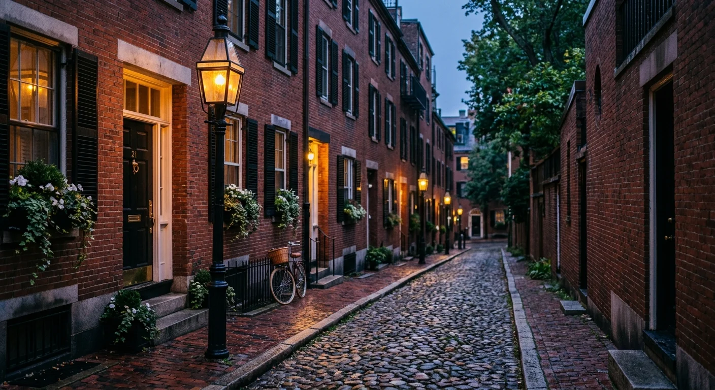 A cobblestone street in Beacon Hill, Boston, lined with historic brick townhouses and a glowing gas lamp at dusk.