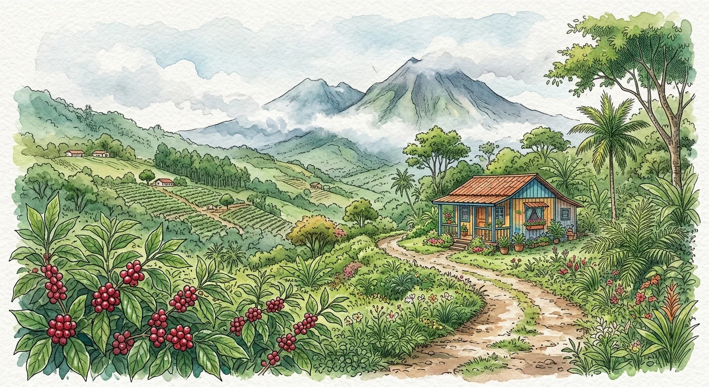 A colorful watercolor and ink illustration of a cottage in Boquete, Panama, surrounded by coffee plants and volcanic peaks.