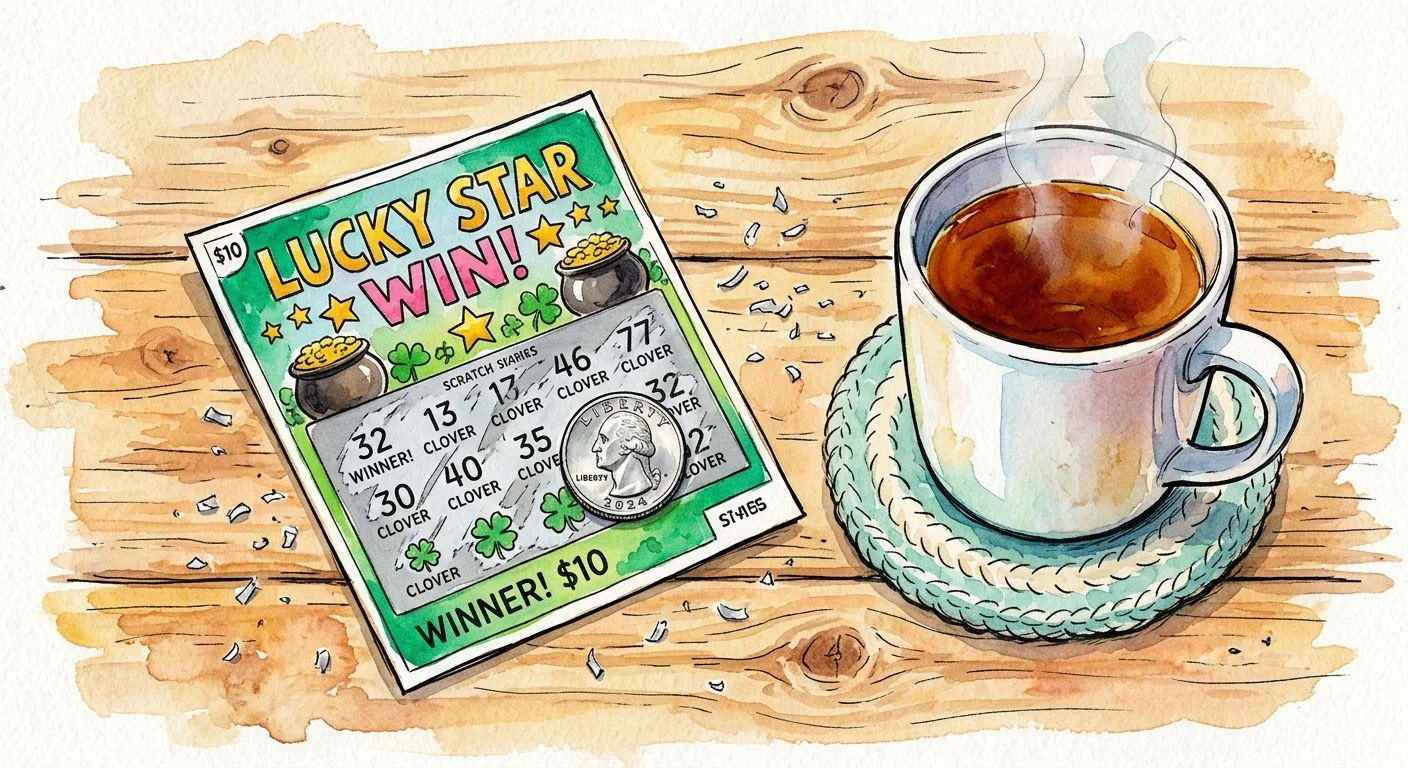 A colorful watercolor illustration of a partially scratched lottery ticket next to a coin and a warm cup of tea on a wood table.