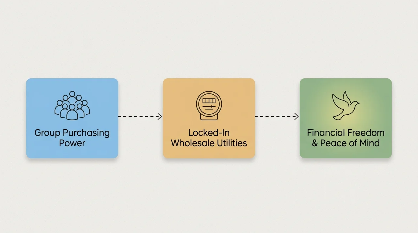 A conceptual flow diagram showing how group purchasing power leads to locked-in utility rates and ultimate peace of mind.