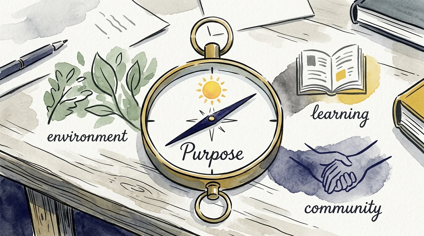 A conceptual illustration of a compass pointing to 'Purpose' surrounded by icons of learning, community, and nature.