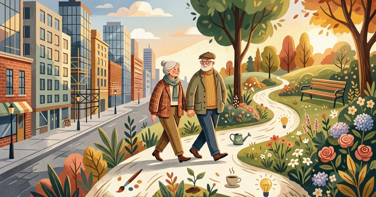 A conceptual illustration of a senior couple walking along a path that transitions from city streets to a lush, blooming garden.