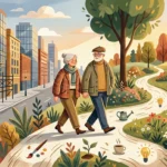 A conceptual illustration of a senior couple walking along a path that transitions from city streets to a lush, blooming garden.
