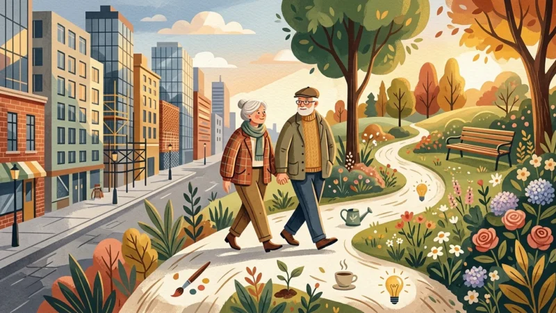 A conceptual illustration of a senior couple walking along a path that transitions from city streets to a lush, blooming garden.