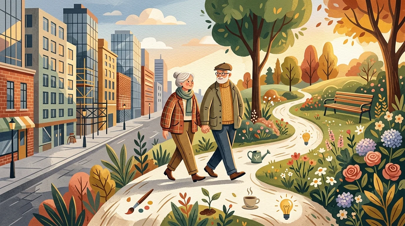 A conceptual illustration of a senior couple walking along a path that transitions from city streets to a lush, blooming garden.