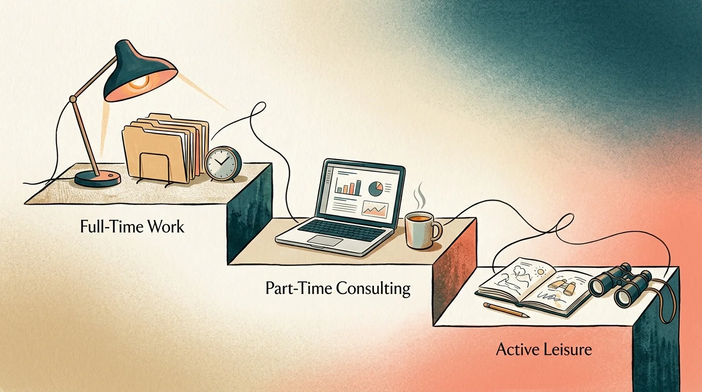 A conceptual illustration of three steps showing the transition from full-time work to part-time consulting and active leisure.