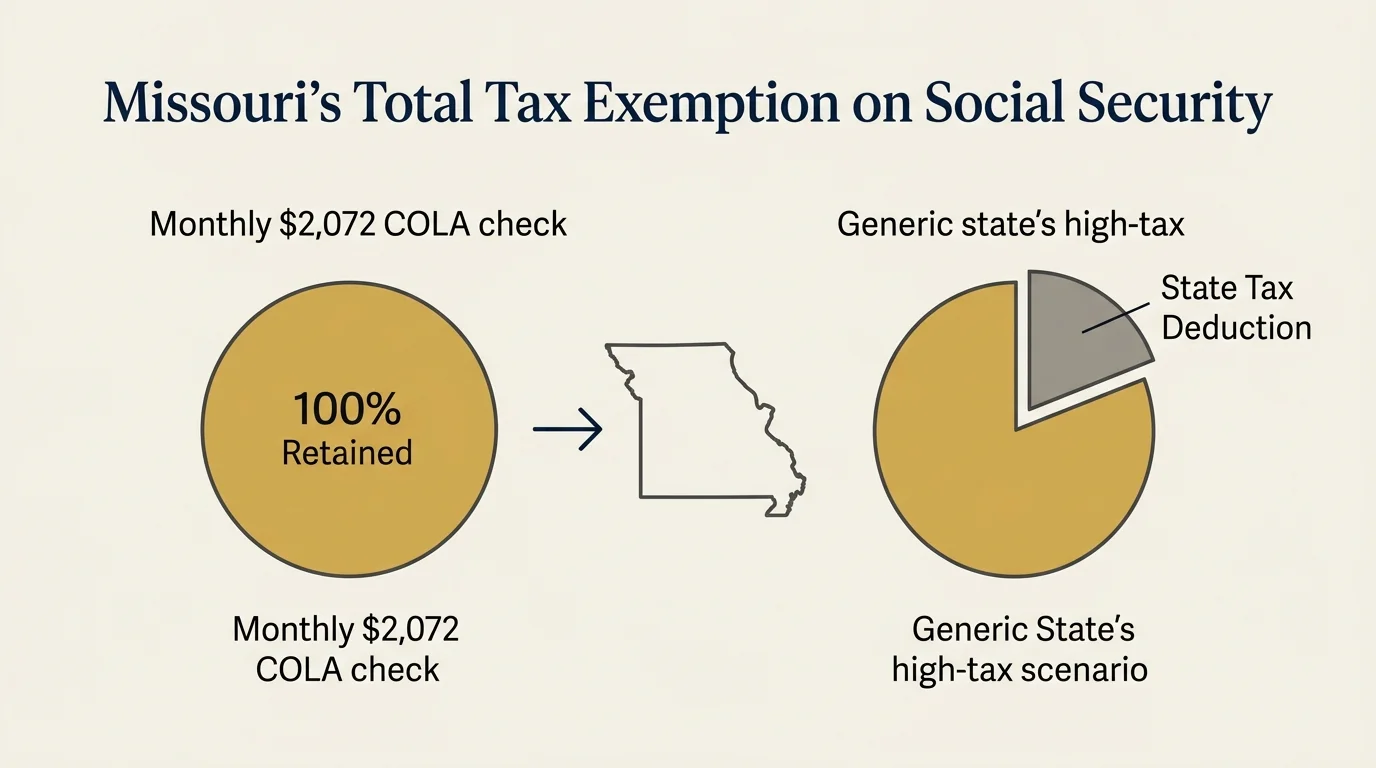 A conceptual infographic showing a full circle representing 100 percent of retirement benefits retained in Missouri versus tax cuts in other