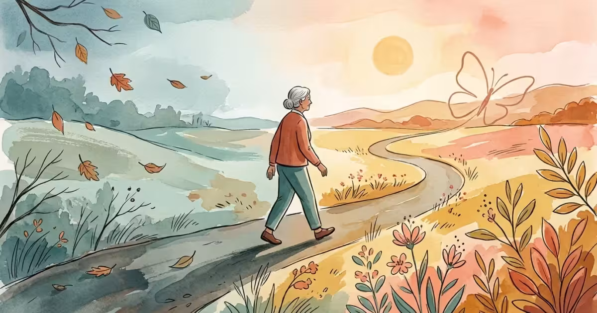 A conceptual watercolor illustration of a senior woman walking along a shifting path, symbolizing metabolic changes.