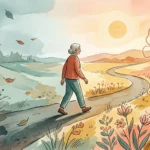 A conceptual watercolor illustration of a senior woman walking along a shifting path, symbolizing metabolic changes.