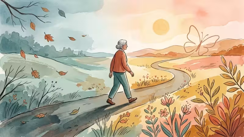 A conceptual watercolor illustration of a senior woman walking along a shifting path, symbolizing metabolic changes.