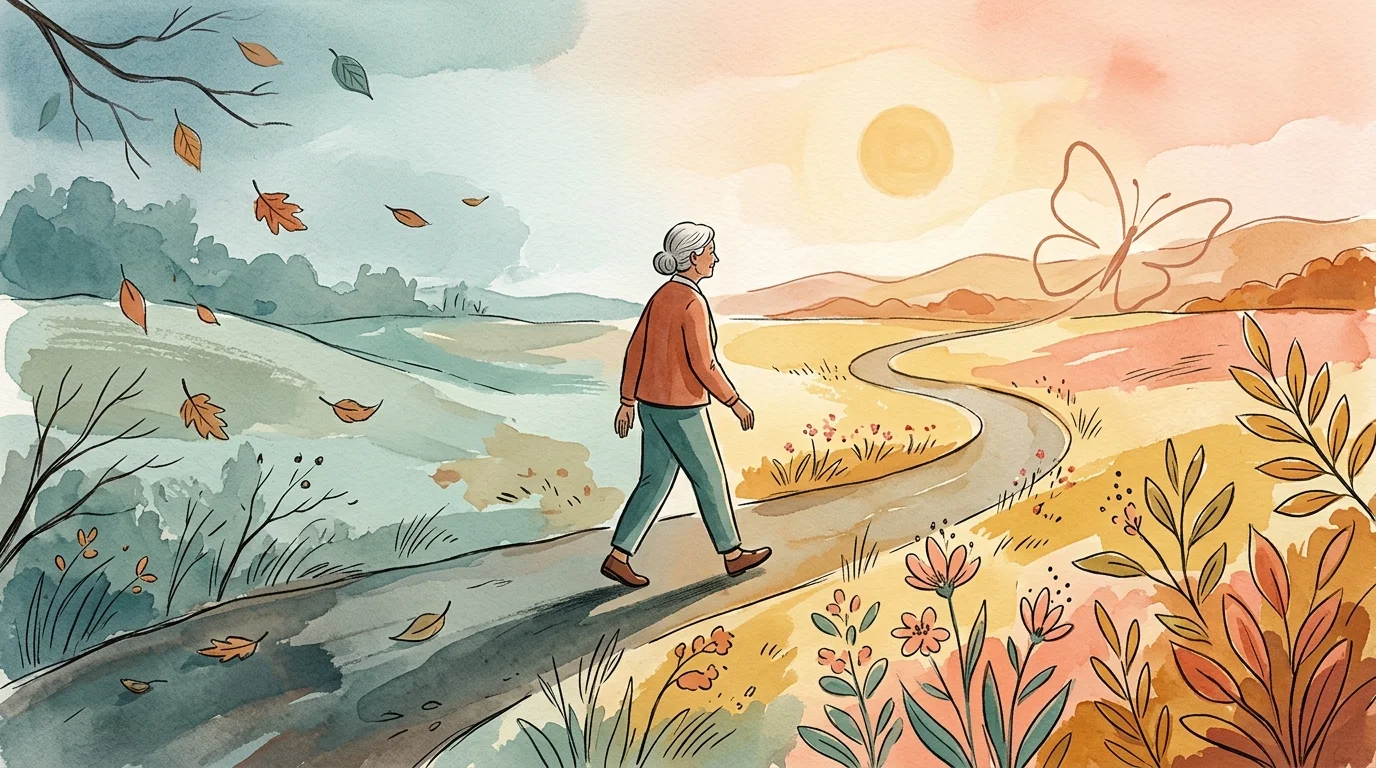 A conceptual watercolor illustration of a senior woman walking along a shifting path, symbolizing metabolic changes.
