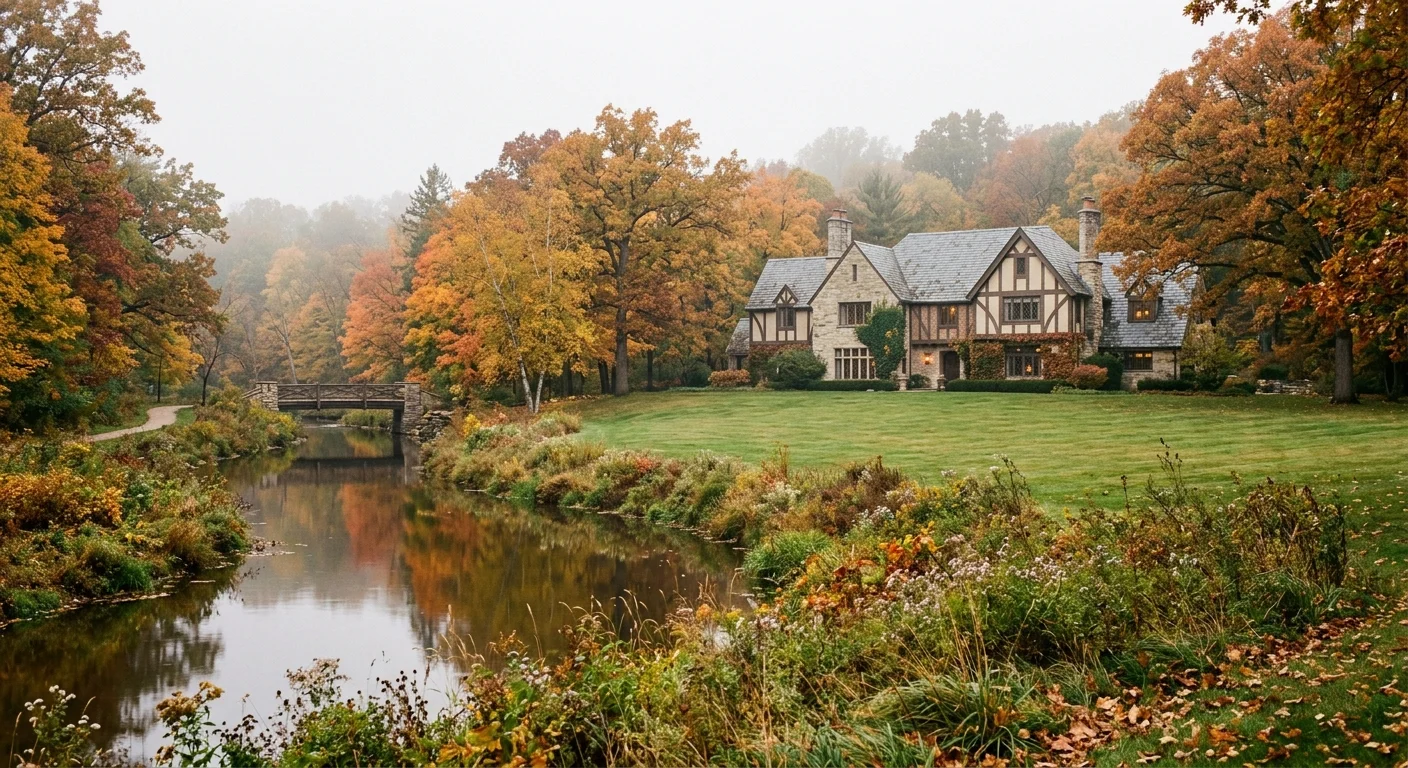 A country manor in River Hills, Wisconsin, with a winding river stream and autumn trees in the morning mist.