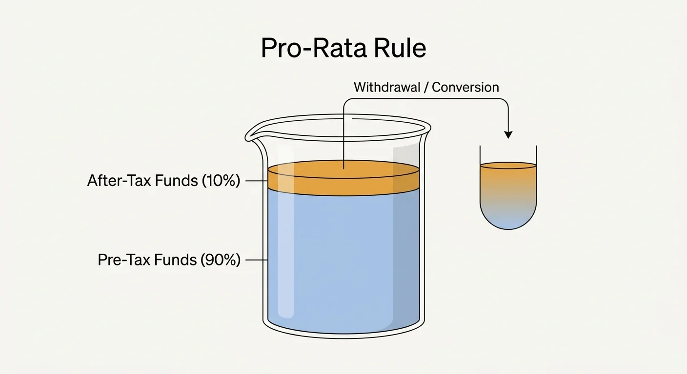 A cross-section diagram of a liquid beaker showing pre-tax and after-tax funds mixed proportionally under the Pro-Rata rule.