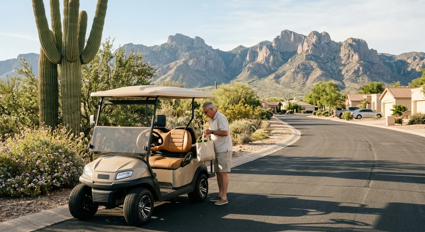 A custom golf cart parked along a scenic desert path in Green Valley, Arizona, with rugged mountains behind.