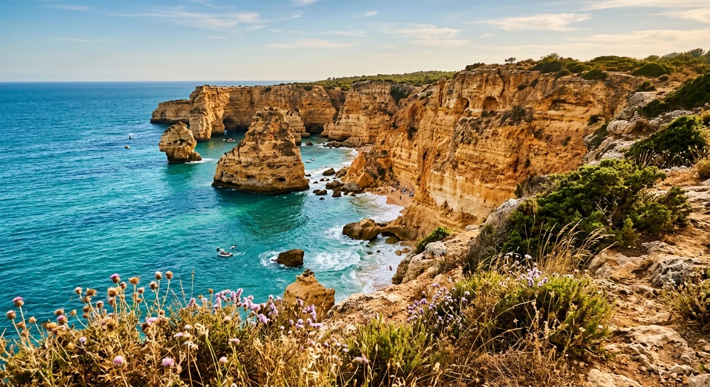 A dramatic wide-angle DSLR photo of the golden cliffs and turquoise waters of the Algarve coast in Portugal.