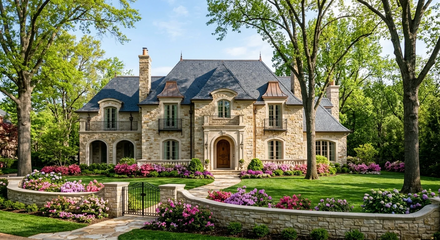 A French Provincial stone mansion in Ladue, Missouri, with blooming spring azaleas and mature trees.