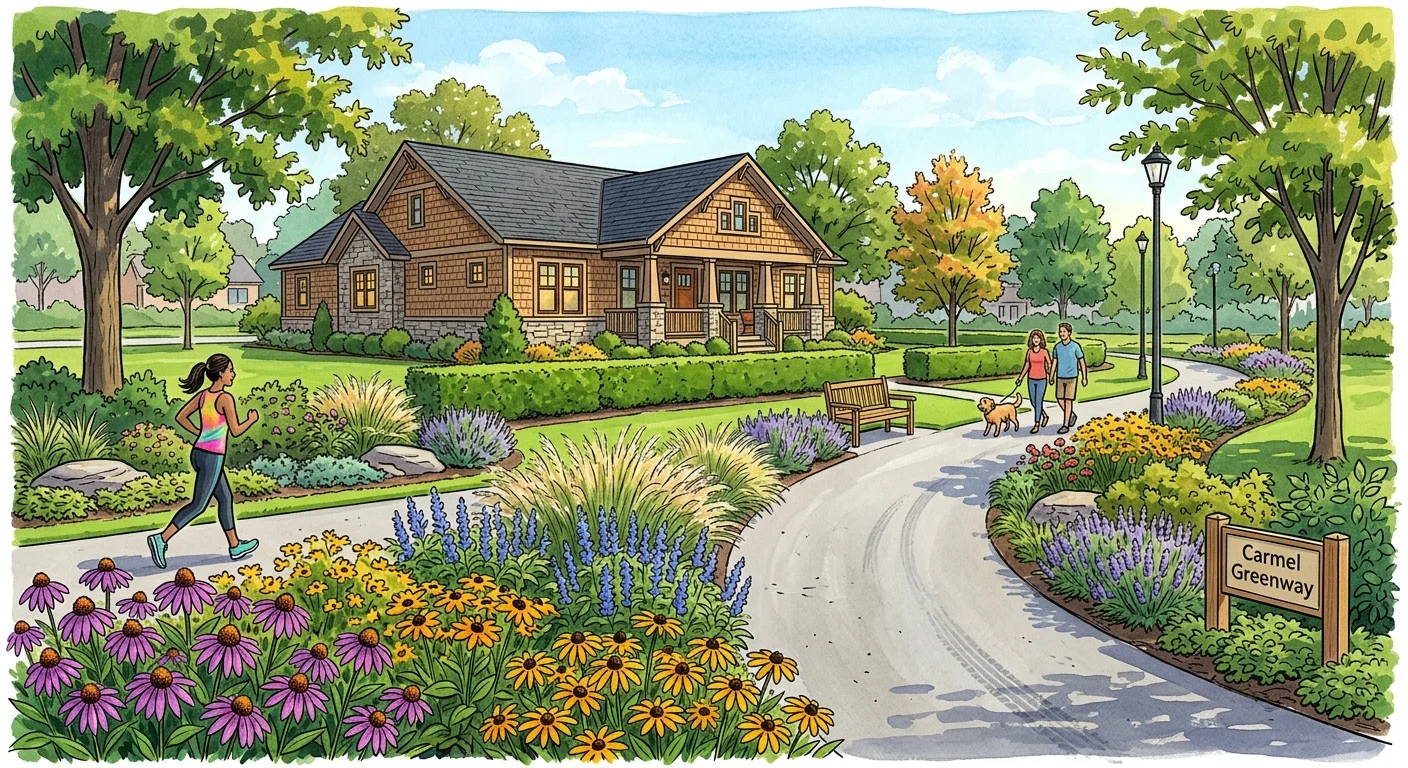 A gouache illustration of a beautifully landscaped walking path and craftsman-style home in Carmel, Indiana.