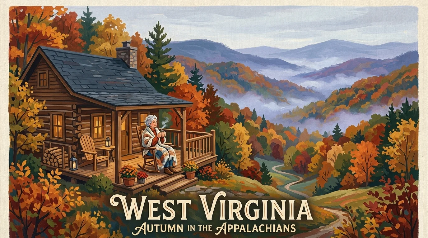 A gouache illustration of a cozy mountain cabin in West Virginia surrounded by colorful autumn foliage.