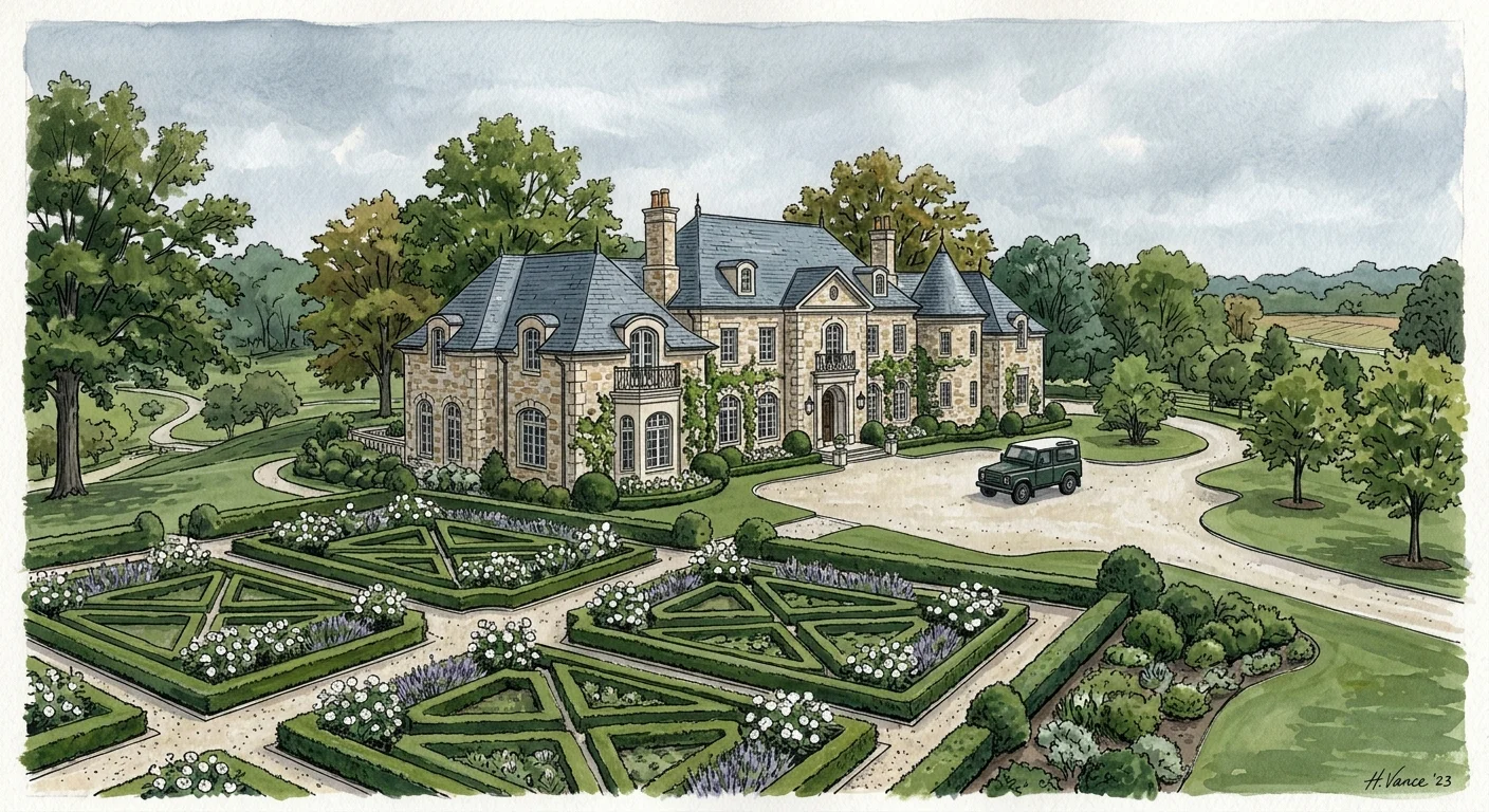 A gouache illustration of a French country-style stone manor with formal boxwood gardens in Potomac, Maryland.